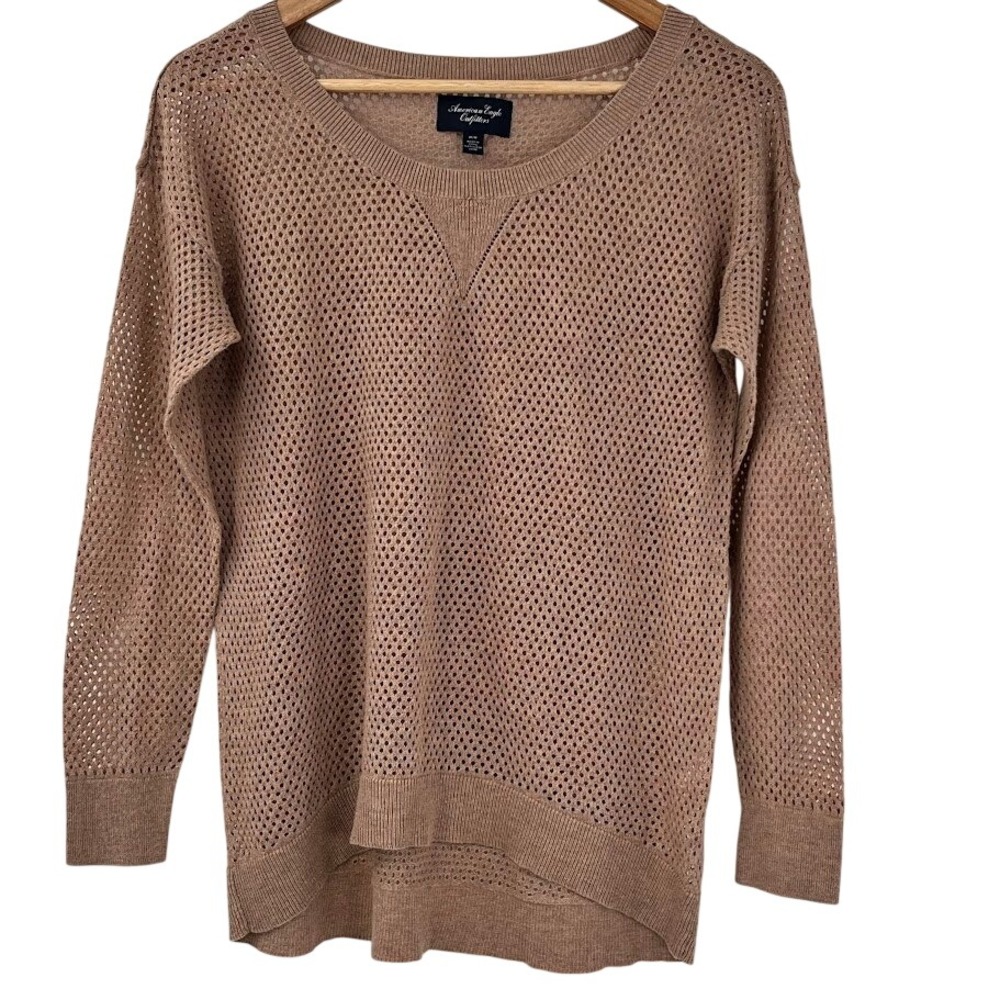 American Eagle Tan Open Knit Mesh Sweater Womens Medium High Low Long‎ Sleeve